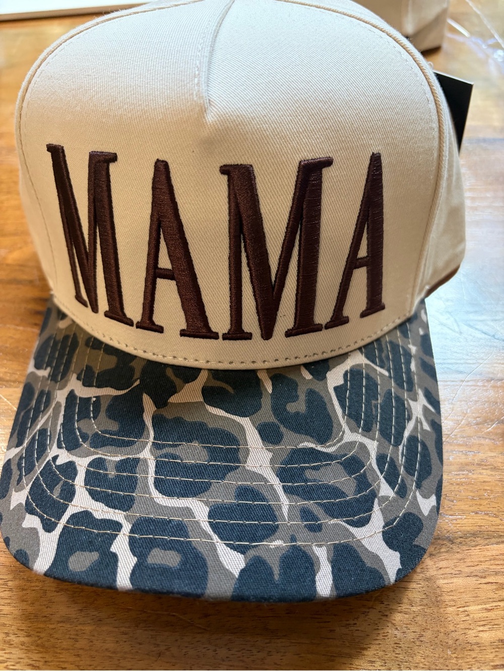C.C MAMA Trucker Hat – Cream Crown with Brown Embroidery & Camouflage Bill